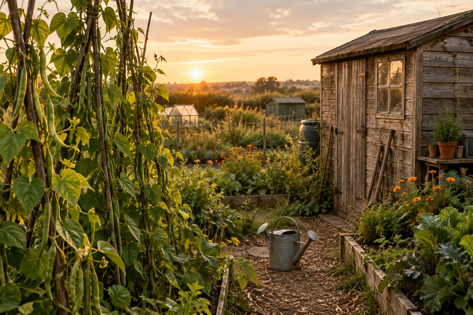 An allotment plot with a timber shed and runner beans on canes in evening light.