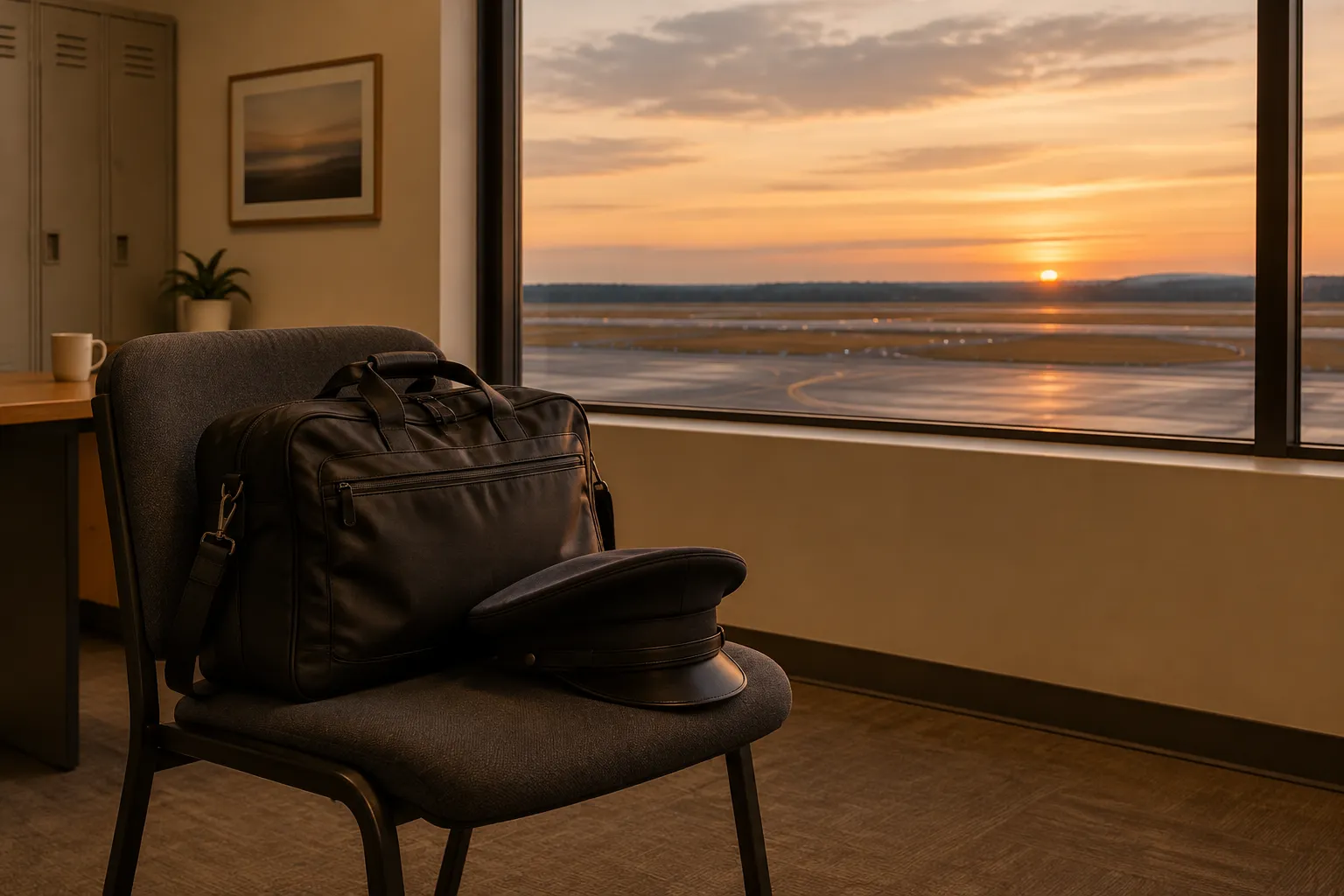 A pilot flight bag and a plain peaked cap on a crew-room chair by a window at dusk.