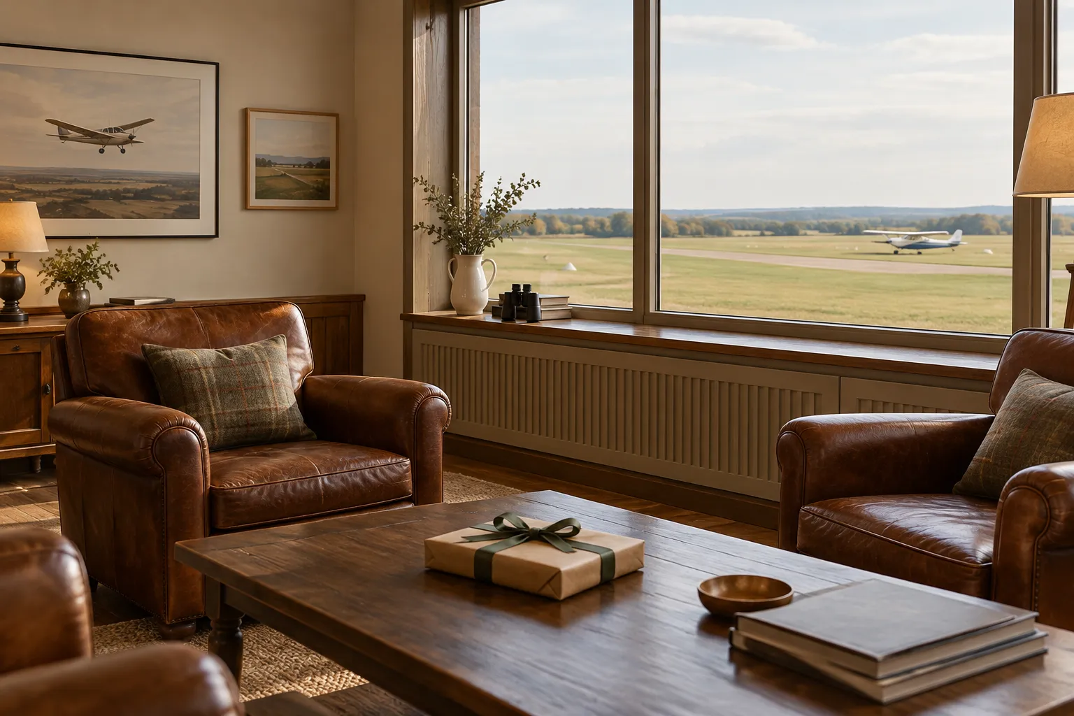A flying club clubhouse with leather chairs and a wrapped gift by a window over a grass runway.