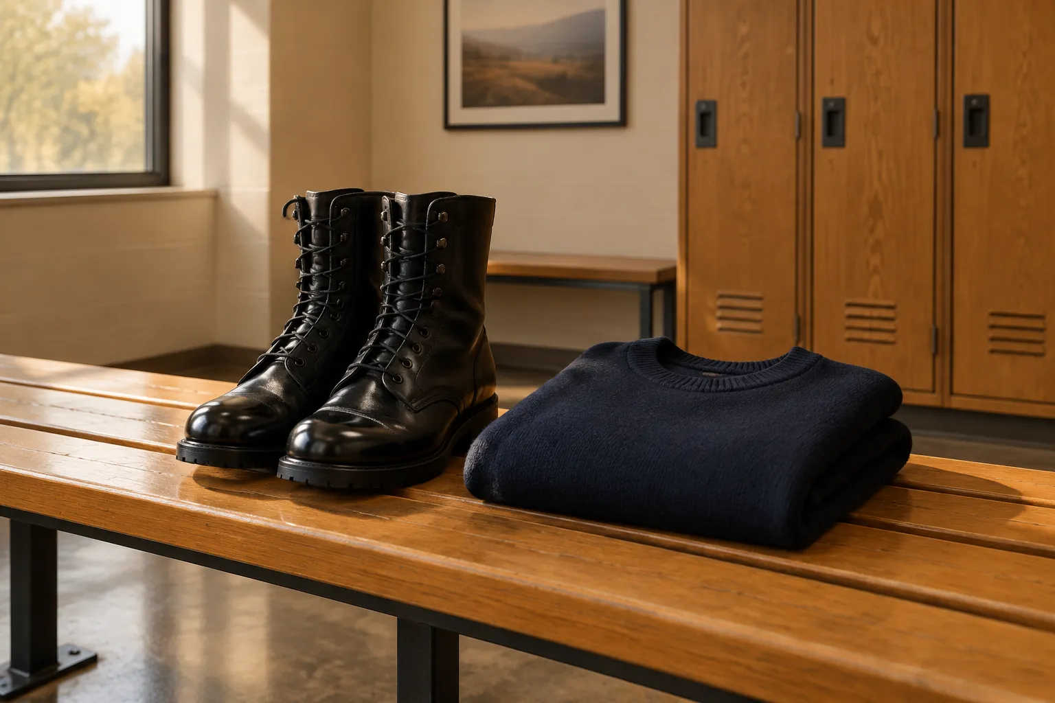 Polished black boots and a folded navy jumper on a locker-room bench.