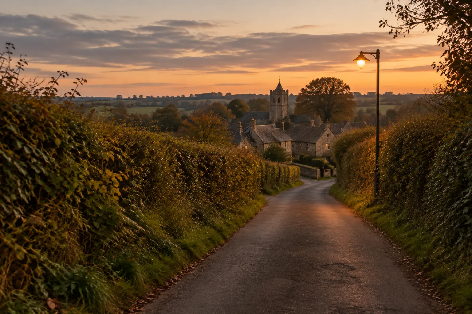 A rural lane at dusk between hedgerows, a village and one streetlight ahead.