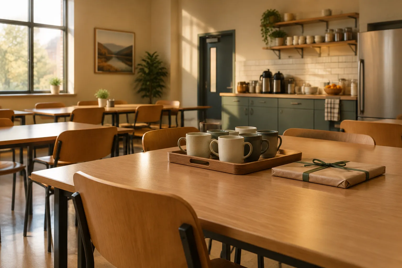 A station canteen at shift change with a tray of mugs and a wrapped gift.