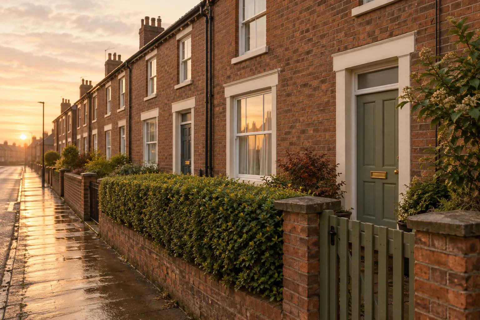 A terraced street at dawn with wet pavement and brass letterboxes in the front doors.