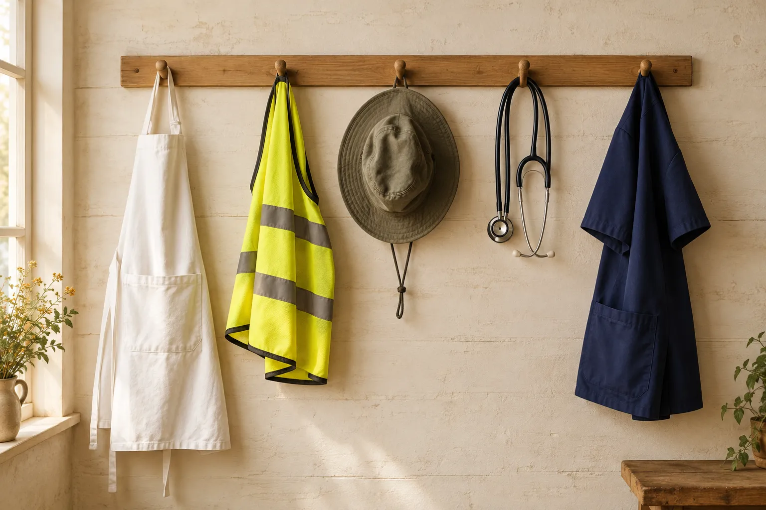 A row of pegs holding a chef apron, a hi-vis vest, a gardener hat, a stethoscope and a navy tunic.