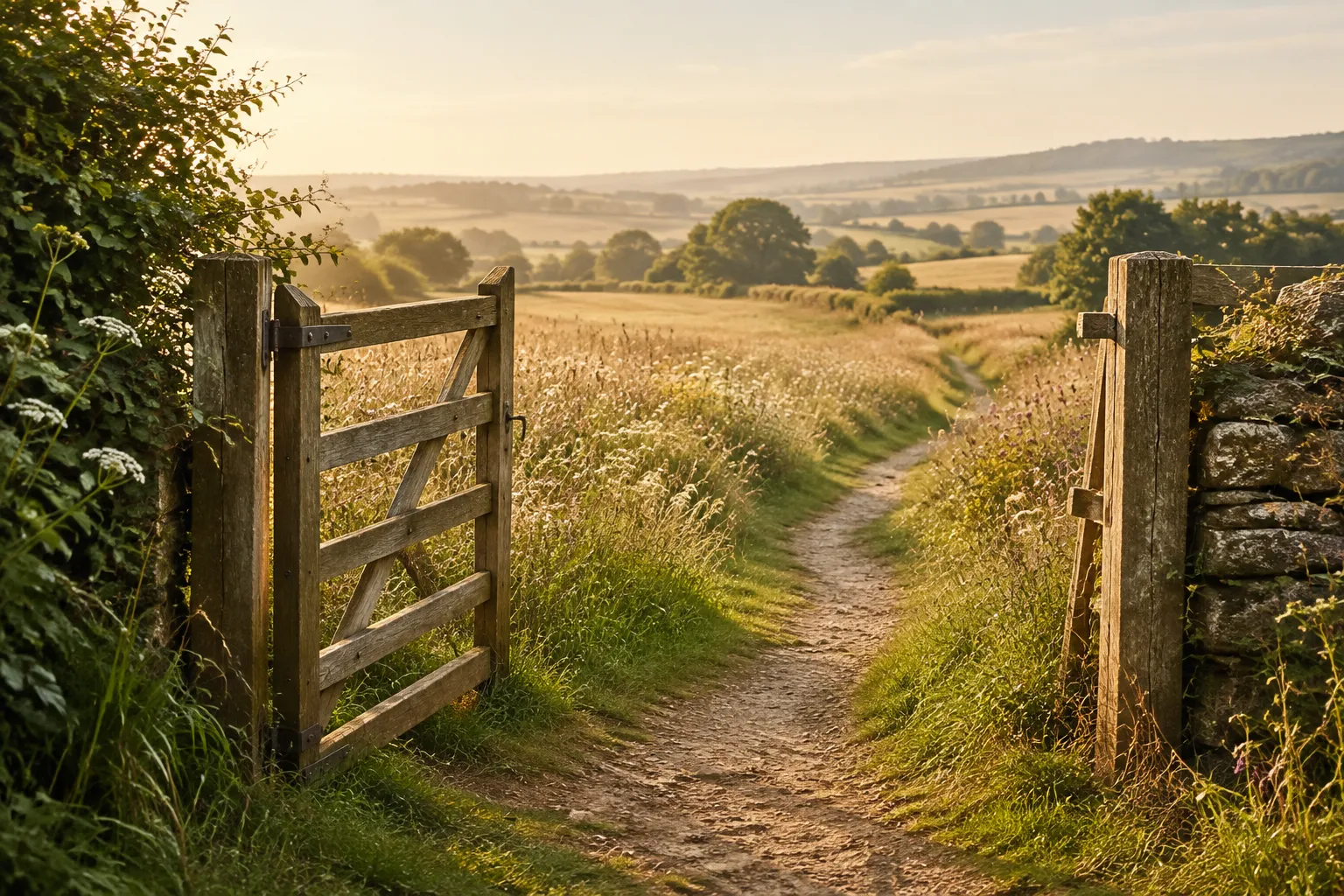 An open garden gate onto a footpath through summer fields.