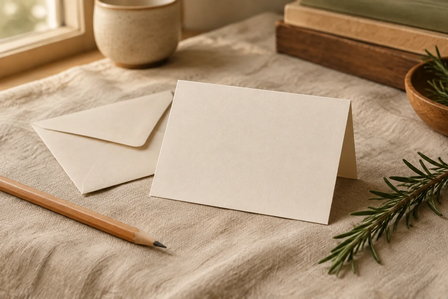 A small blank card and envelope on linen beside a pencil and a sprig of rosemary.