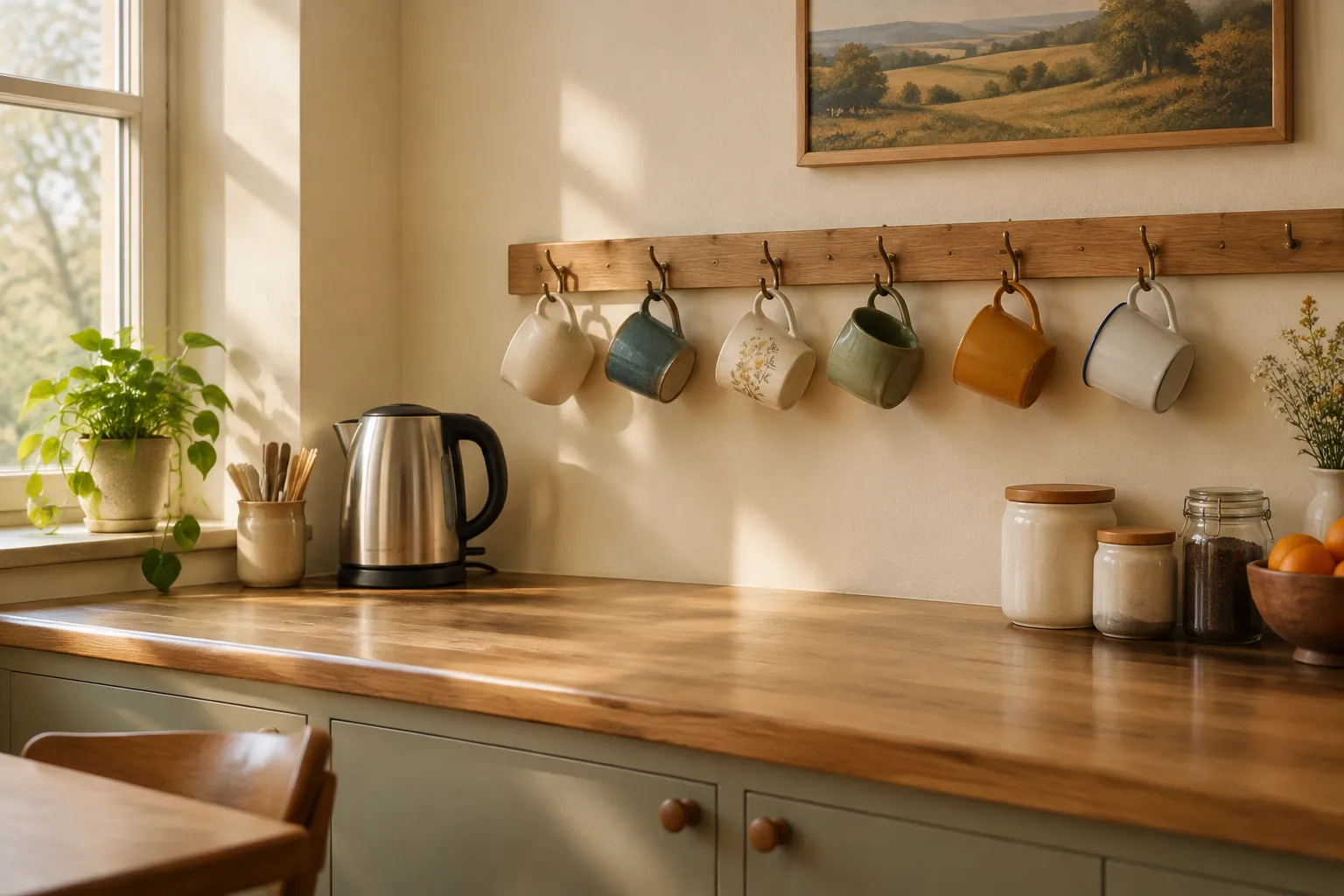 A staffroom counter with a kettle and a row of mismatched mugs on hooks.
