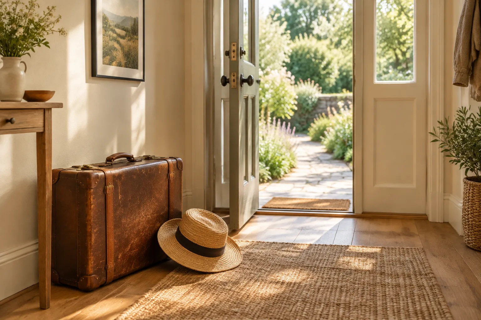 A leather suitcase and a straw sunhat by a front door left ajar onto a garden path.