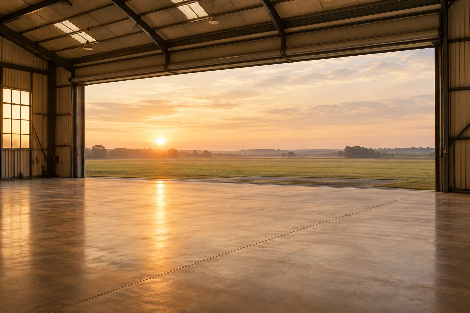 An empty aircraft hangar with its doors rolled open onto a grass airfield at dawn.