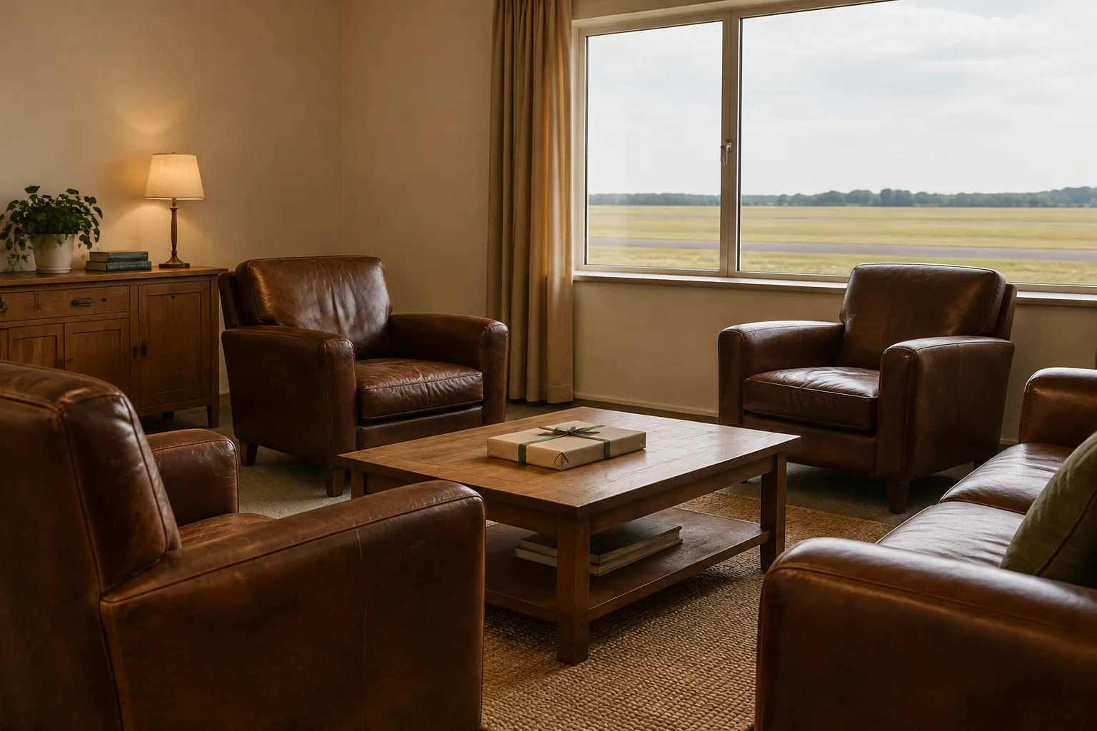 A crew room with leather chairs and a wrapped gift, a window onto an airfield.