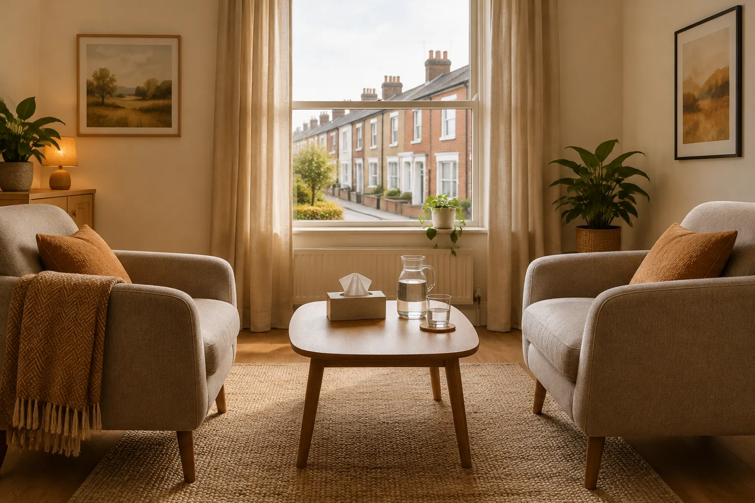 A small family room with two chairs, a low table and a box of tissues.