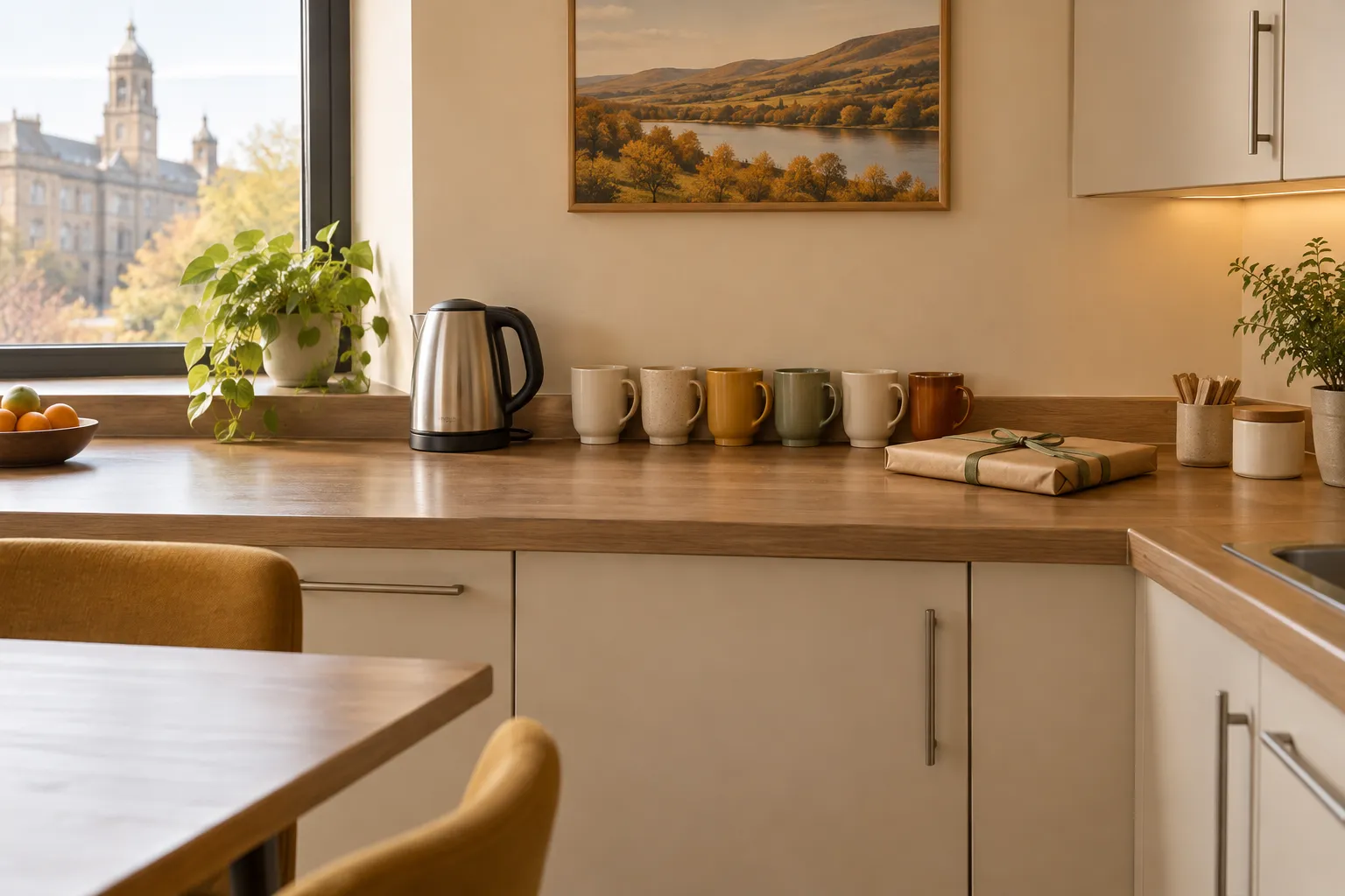 A council office team kitchen with a kettle, mugs and a wrapped gift on the worktop.