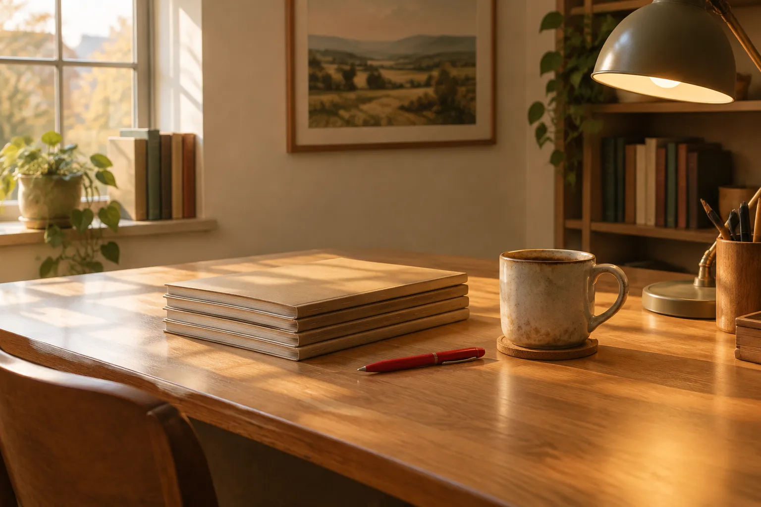 A teacher desk with a stack of plain exercise books, a red pen and a mug.