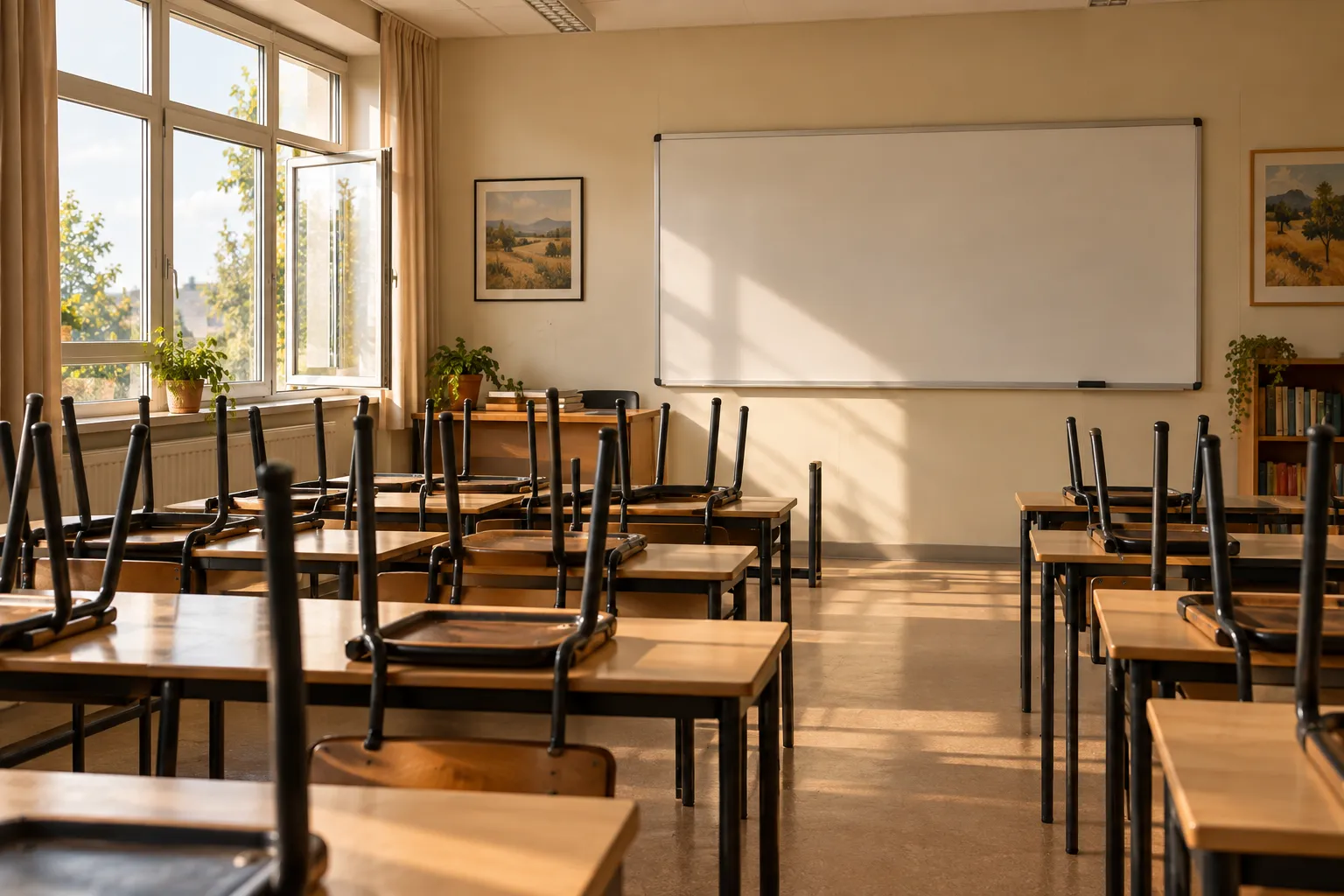 A classroom on the last afternoon of term, chairs up on the desks and windows open.