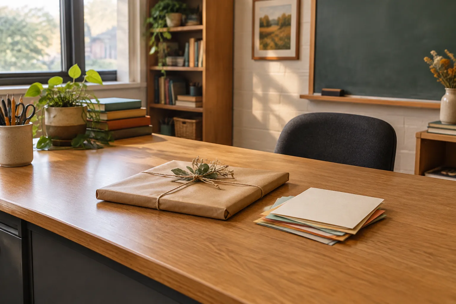 A teacher desk with a wrapped gift and a small pile of handmade cards.