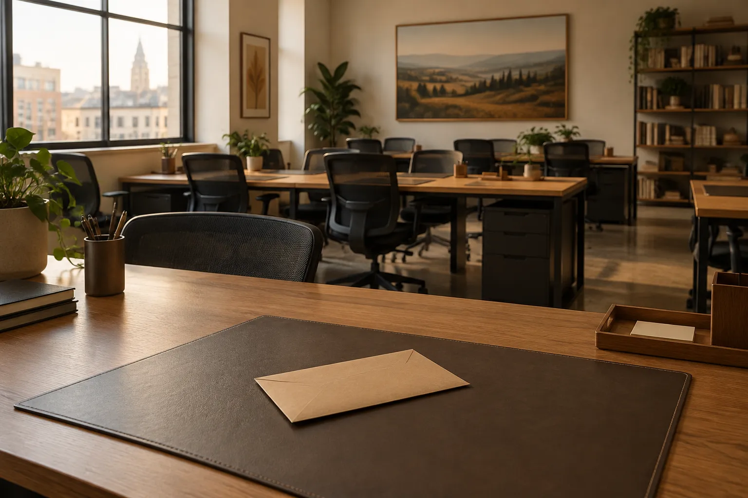 An empty open-plan office, one brown envelope resting on a desk blotter.