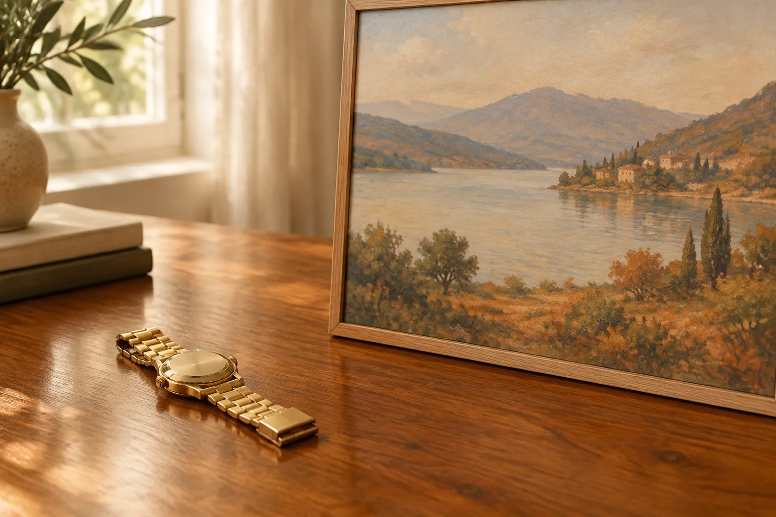 A gold wristwatch on a polished table beside a natural wood frame holding a landscape painting.