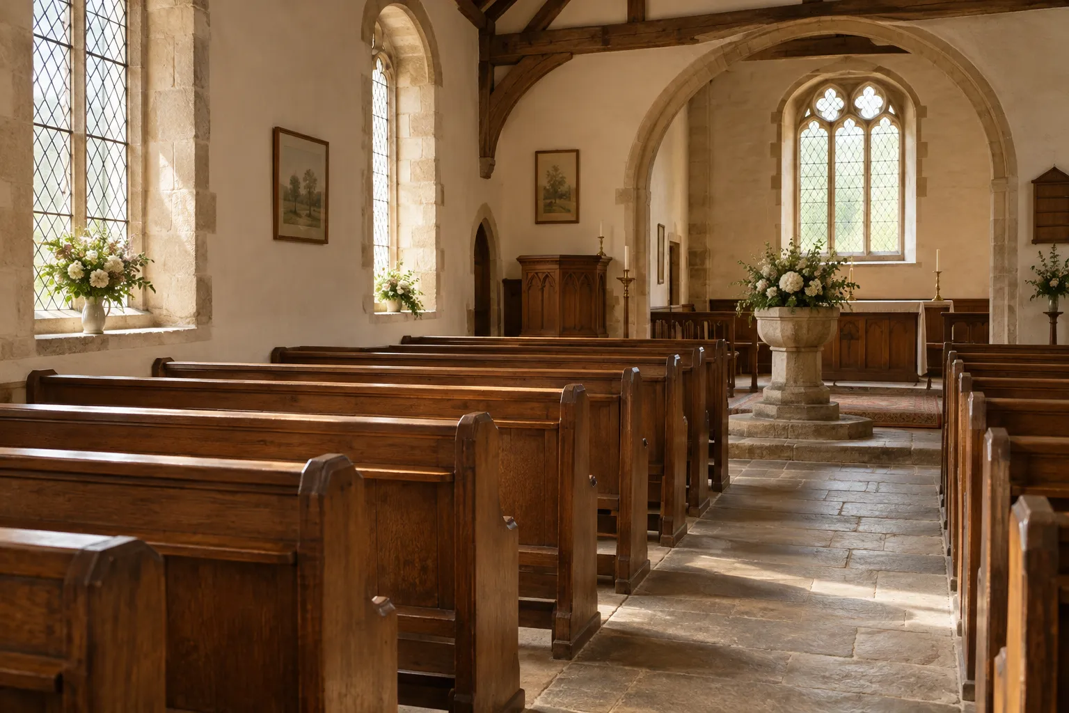 An empty parish church with oak pews and light through plain leaded windows.