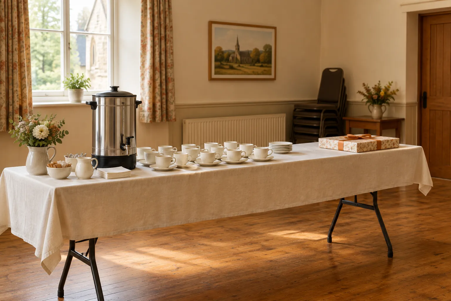 A church hall trestle table with a tea urn, cups and a wrapped gift at one end.