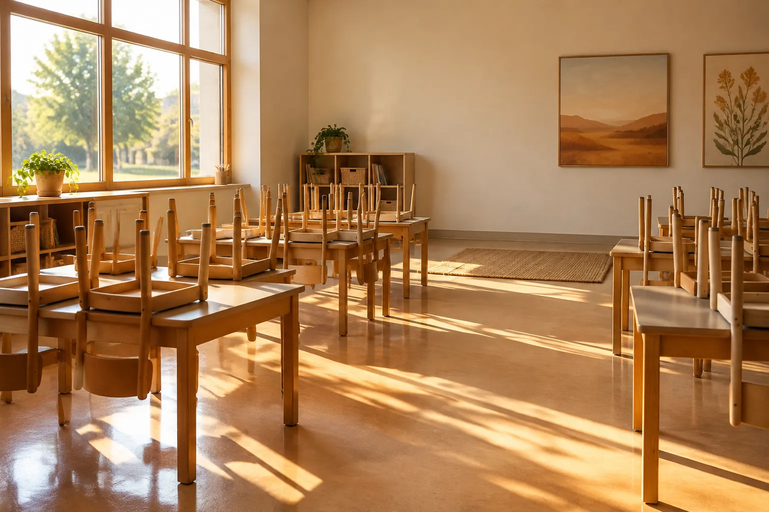 An empty primary classroom with chairs stacked on the tables and sun across the floor.