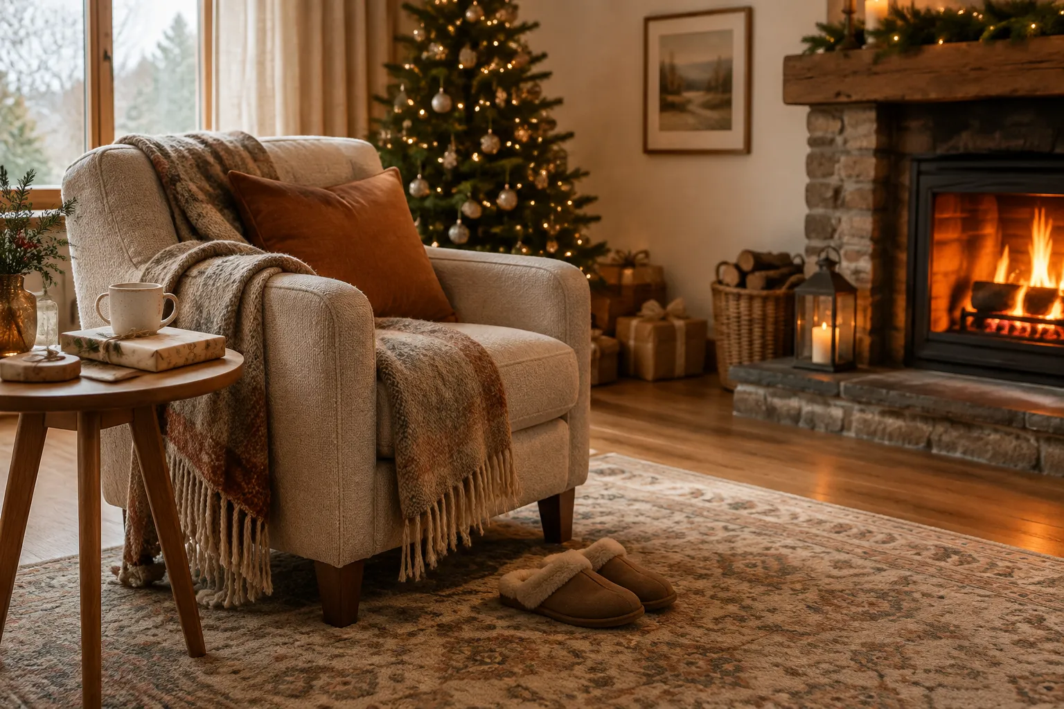 An armchair by a fire with slippers, a mug and a wrapped flat gift on the side table, Christmas lights behind.