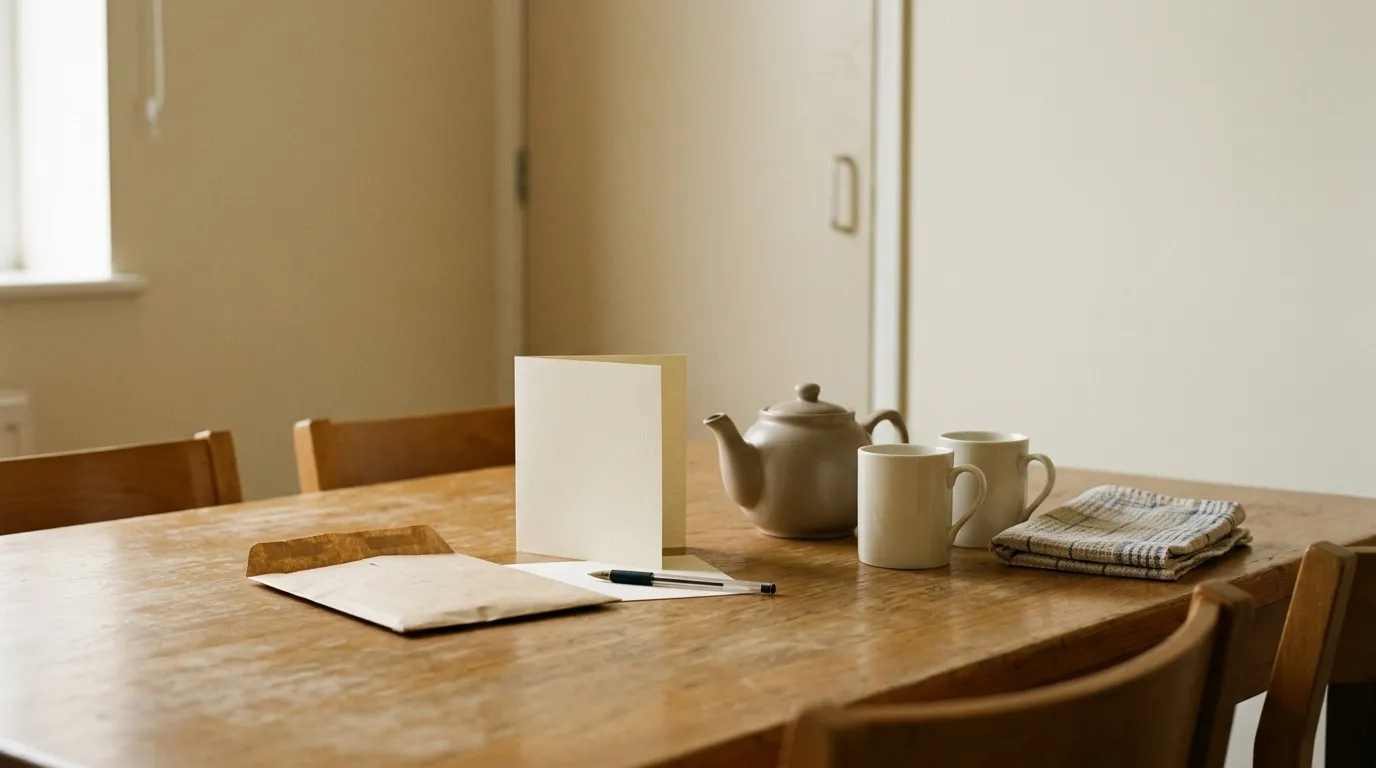 A plain brown envelope, a blank card and a pen on an office kitchen table beside a teapot and two mugs.