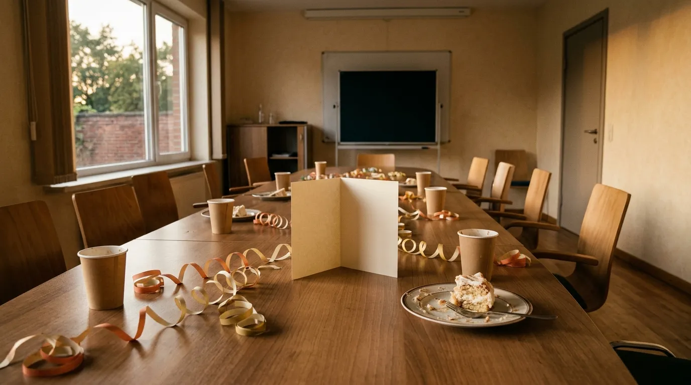A meeting room after a leaving party: paper cups, the last of a cake, streamers and one blank card standing open.