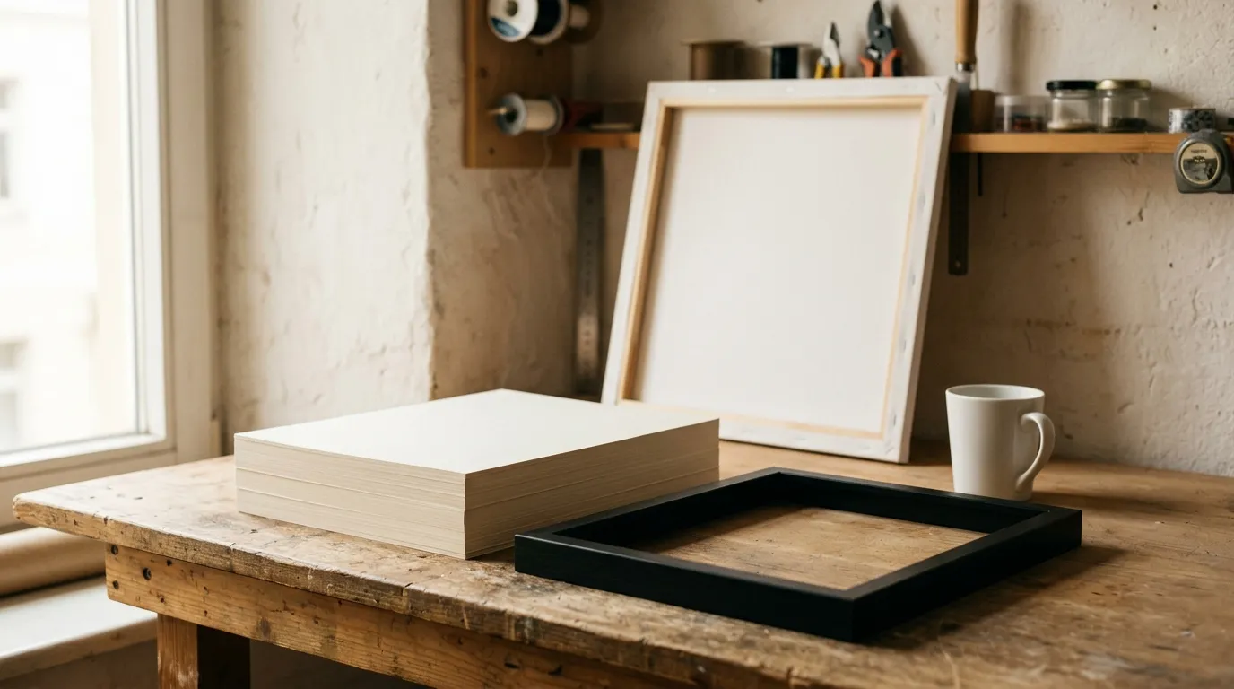 A framing bench with a stack of heavy paper, an empty black frame, a bare stretched canvas and a plain white mug.