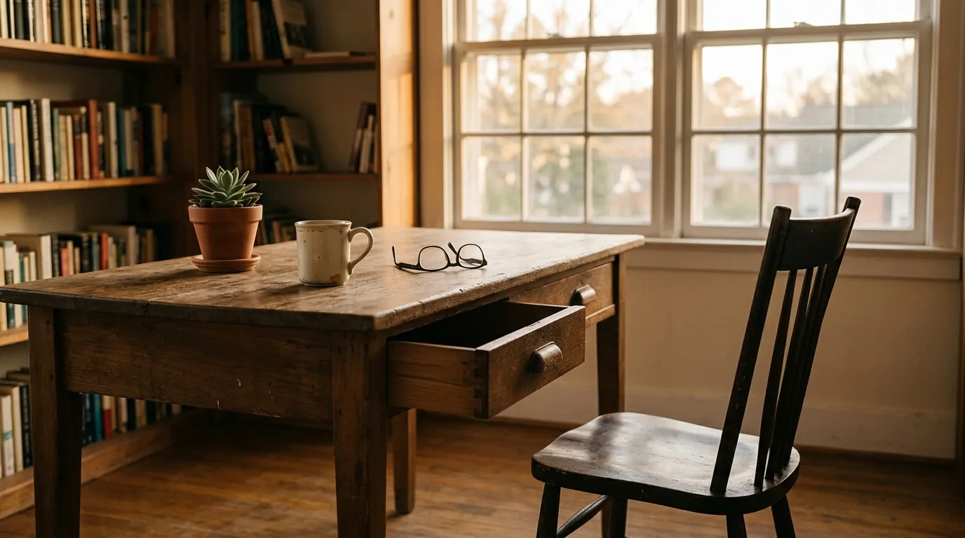 An emptied desk with the chair pushed back, a small plant, a used mug and folded reading glasses.