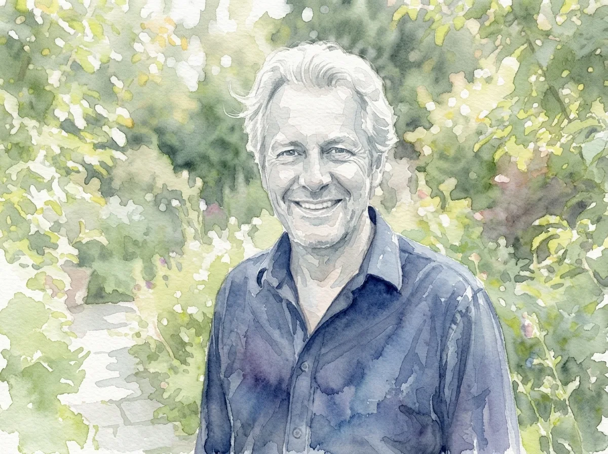 The same portrait painted as a soft watercolour on textured paper