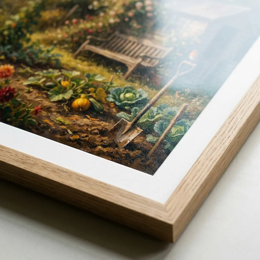Mitred corner of a natural oak frame with white mount