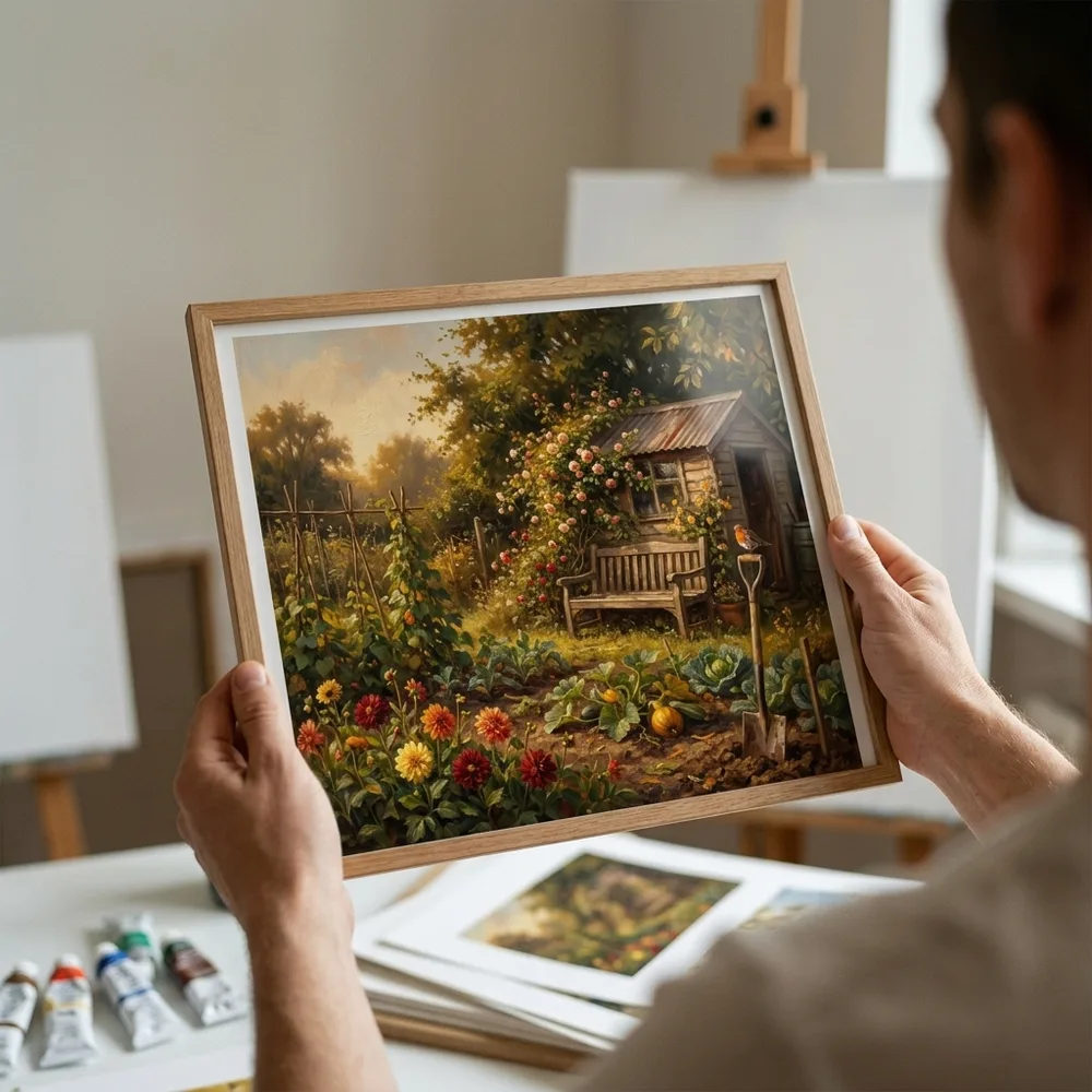 Hands holding a framed print