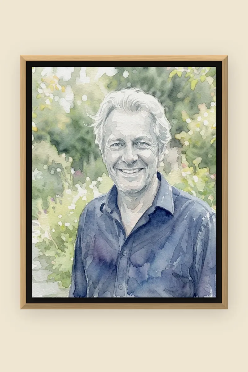 AI-made example portrait: a watercolour of a smiling grey-haired man in a garden, as a canvas in a natural wood float frame.