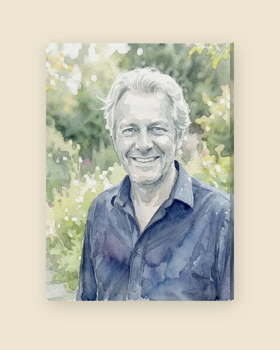 AI-made example portrait of a smiling grey-haired man in a garden, on a stretched canvas.