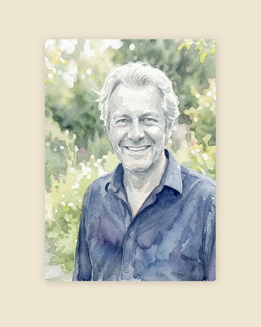 Poster, A2 shown: an unframed sheet of 250 gsm uncoated off-white paper printed with an AI-made example watercolour portrait of a smiling grey-haired man in a blue shirt in a garden.